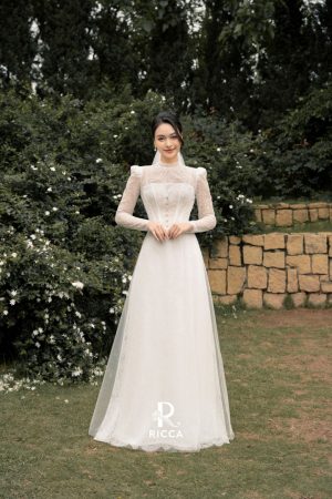 Áo dài cô dâu cách tân màu trắng RCD01 3 ao dai trang cach tan co dau rcd01 2